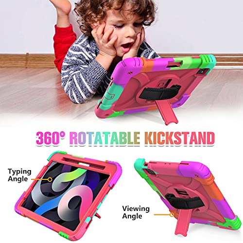 Ledniceker Ipad Air 4 Case With Pencil Holder, Ipad 10.9 Case 2020,Three Layer Hybrid Drop Protection Case With Finger Print Botton [360 Rotating Stand] Hand Strap For Ipad Air 4 10.9 Inch 4Th -Rose #TOP3