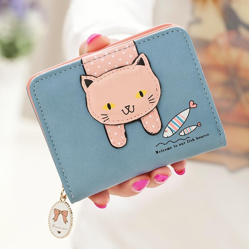 Women's Small Wallet with Cute Cat Pattern – Card Organizer Clutch Purse & Coin Holder (Blue)