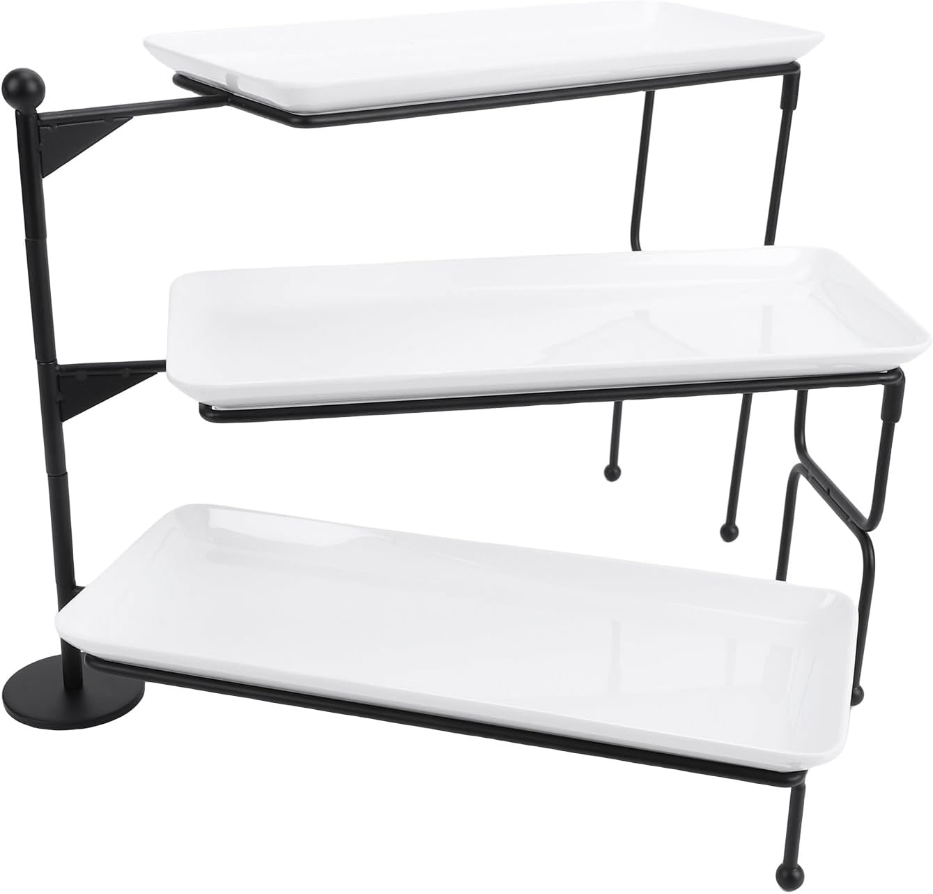 Fockety 3 Tier Serving Tray for Party, Serving Platter for Servings Food, Cupcake and Fruit, Dessert Stand with Metal Frame and Porcelain Tray for Party, Wedding and Buffet (White) (Black)