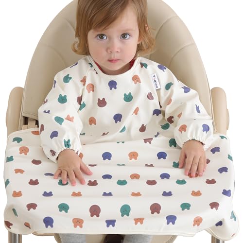 Yiupea Bavoir pour Bébé avec Manches Longues Fixer à la Chaise Haute pour 6 à 24 mois, Imperméable Facile à Nettoyer Bavoir de Sevrage Bébé et Lavable en Machine, PU Matériau Souple &BLW-Jaune