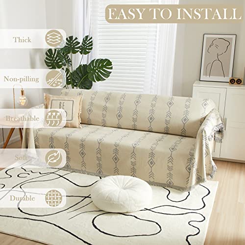 Handontime Sofa Covers Geometric Pattern Boho Couch Cover For 3 Cushion Couch Sofa Chenille Couch Protector For Dogs Farmhouse Sofa Slipcover Beige Sectional Couch Covers Thick Soft, 71"X 134" #TOP3