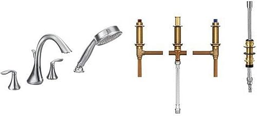 Moen T944-9792 Eva Grifo de bañera romana de arco alto de dos manijas incluye ducha de mano con válvula, cromo