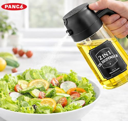 Image of PANCA Oil Sprayer Bottle for Cooking with Pour Spout | Glass Oil Dispenser 500ml 2-in-1 Spray & Pour Design | For Air Fryer, Dosa Tawa, Salad, Kitchen Cooking (Black)