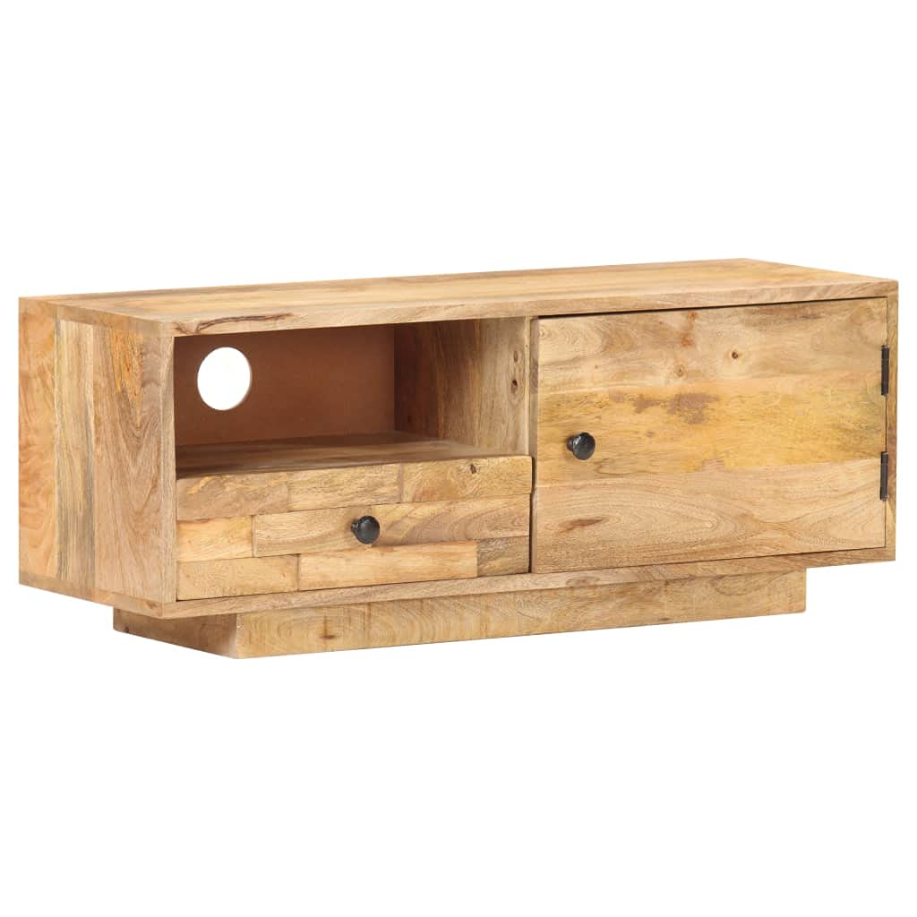 TV-Schrank aus massivem Mangoholz, 90x30x35 cm, Naturholz-Finish, robuster Fernsehschrank für Wohnzimmer, praktisches Media Center mit Stauraum