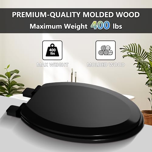 Image of Angol Shiold Slow Close Wood Toilet Seat（Black, Elongated 18.5''） | Durable enameled wood elongated toilet seat, adjustable non-slip hinges, anti-pinch bumpers, easy to install and clean