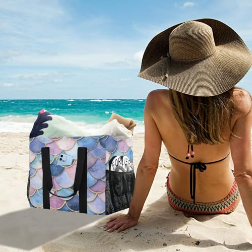 Large Waterproof Travel Tote Bag for Women Men, Watercolor Pink Blue Mermaid Scales Canvas Beach Bag with Lining & Pockets - Reusable Grocery/Laundry/Kitchen/Pool/Picnic Tote (15.4x9.8x12.8i 6