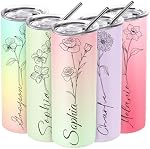 Tumbler personnalisé avec nom et fleur de naissance, tumbler de café personnalisé avec lis et paille - 16 Couleur, Mug de voyage en acier inoxydable, Cadeaux d'anniversaire personnalisés pour les femmes, maman, épouse, Amis, Sœurs