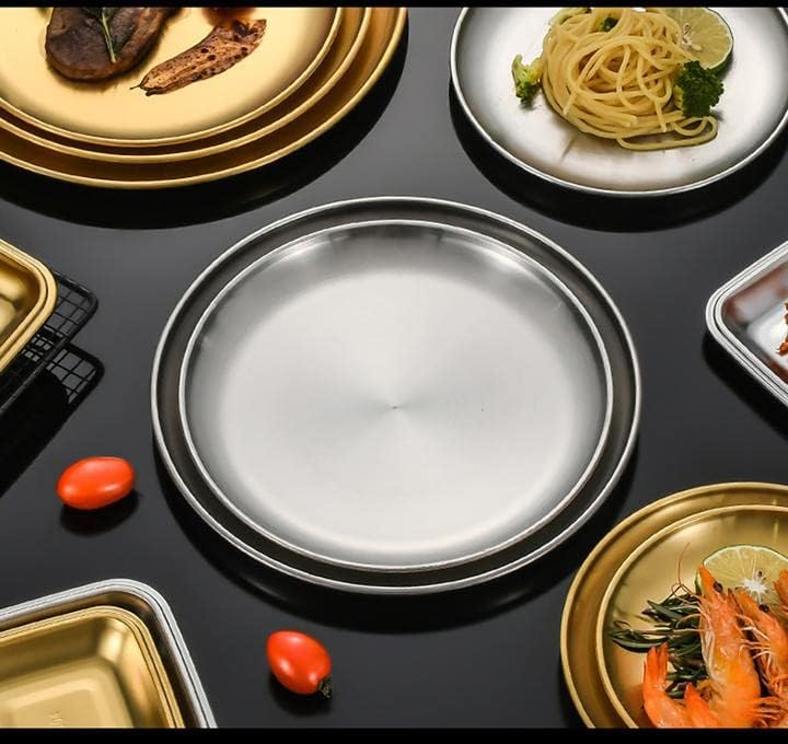 Miniatura 4 de MBBITL Paquete de 3 platos dorados de acero inoxidable cepillado, platos redondos para servir alimentos, bandeja de 9 pulgadas para banquete de