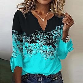 Elbow Sleeve Women’s Tops 3/4 Sleeve V Neck Linen Top Boho Flower Womens Shirts Dressy Half Sleeve Dressy Blouses