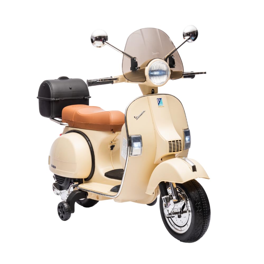 Tecnobike Shop Moto Elettrica per Bambini Piaggio Vespa PX 150 12v Full Parabrezza e Bauletto Luci Suoni LED Mp3 (Crema)