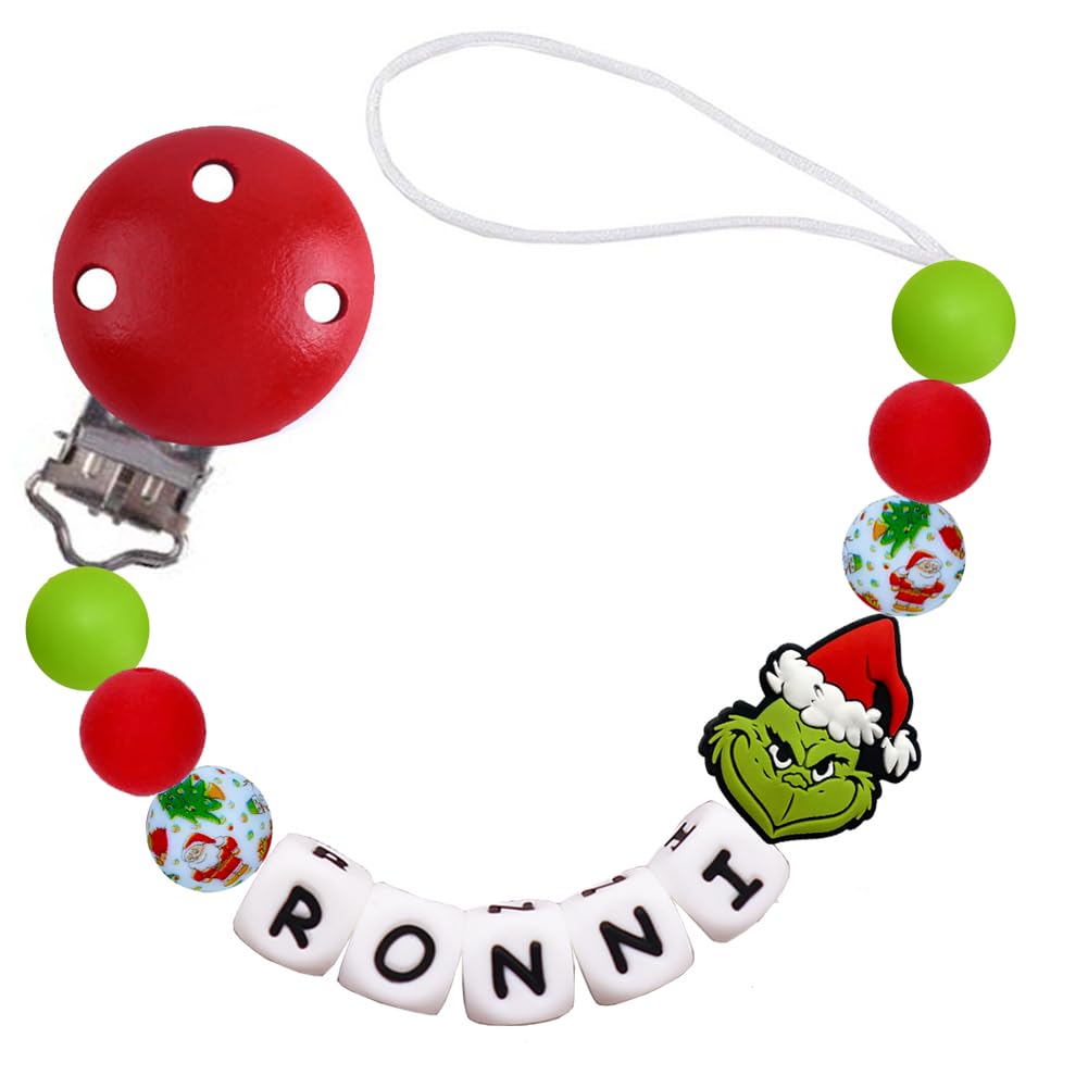 Personalized Christmas Pacifier Clip with Name Silicone Pacifier Holder Paci Binky Clips for Girls Boys Christmas Gift