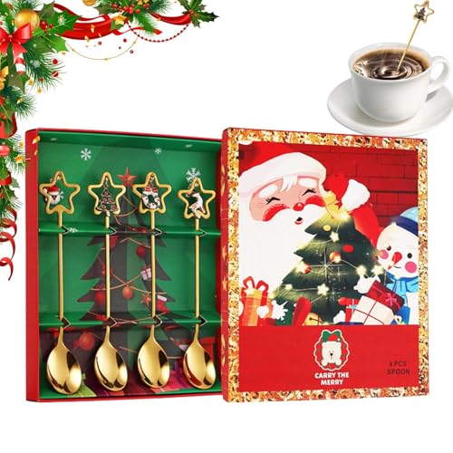 Yonuaret Cucharas agitadoras navideñas | 4 piezas cubiertos festivos de acero inoxidable - Cucharas festivas para tartas - para cocina, planificadores de fiestas, coleccionistas, decoración de