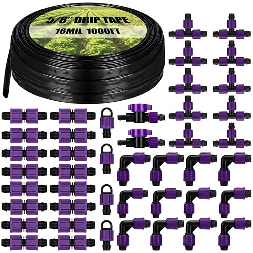 Tondiamo 1000 5/8 Inch Drip Tape Irrigation Tubing Kit 16 Mil 6 Spacing Garden Hose Watering Tube Line Automatic Equipment for Garden Irrigation System Farms Landscape Lawn
