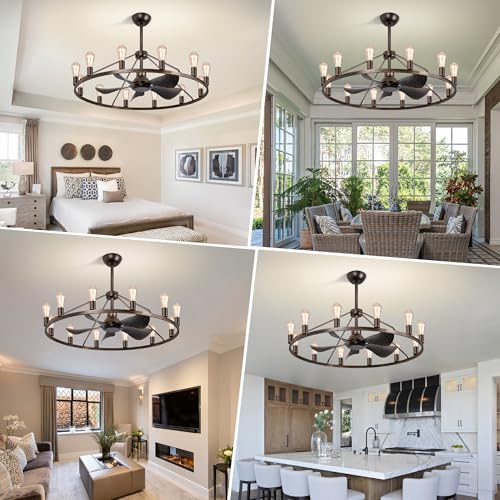 COCOSTAR Smart Wagon Wheel Chandelier with Fan,Bronze Farmhouse Fandelier by COCOSTAR - Used condition - Image 7