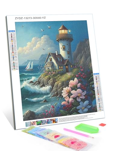 DIY Diamond Painting Kits Seaside Lighthouse, Warm Spring Full Circle Gemstone Crystal Diamond Art Crafts for Adults, Best Choice for Wall Decor and Bedroom Decor as Gifts 12x16 Inch