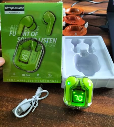 Image of Green Wireless Earbuds with LED Display Case - Noise Cancelling, Touch Control, Long Battery Life, Bluetooth 5.3 Earphones