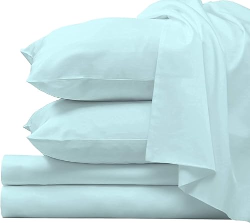 LaxLinen Alaska - Juego de sábanas de tamaño King, color azul aguamarina, sólido, 4 piezas, 100% algodón egipcio, ajustables, elástico en todo el