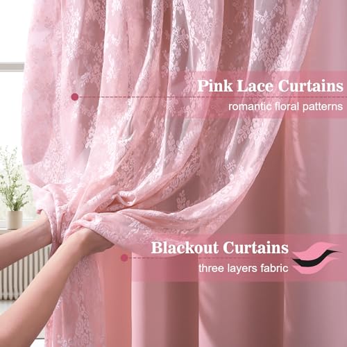 Image of Yinhua Pink Blackout Curtains Double Layer Curtains for Bedroom 84 Inch Length Nursery Curtain for Living Room, Grommet Drapes with Tiebacks, 2 Panels, 52 inch W x 84 inch L