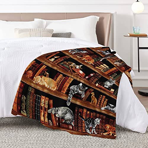 Blessliving Vintage Kitten Flannel Blanket Cat In The Bookshelf Throw Blanket Librarian Book Lover Gifts Fleece Blankets For Bed Couch Sofa 30"X40" #TOP5