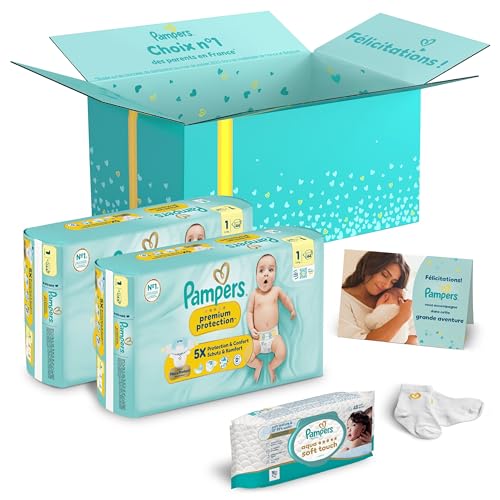 PAMPERS – Coffret Cadeau Naissance – 2 Packs Couches Premium Protection Taille 1 (44x2) + Lingettes Aqua Soft Touch (48) + Chaussettes Bébé + Coupons...