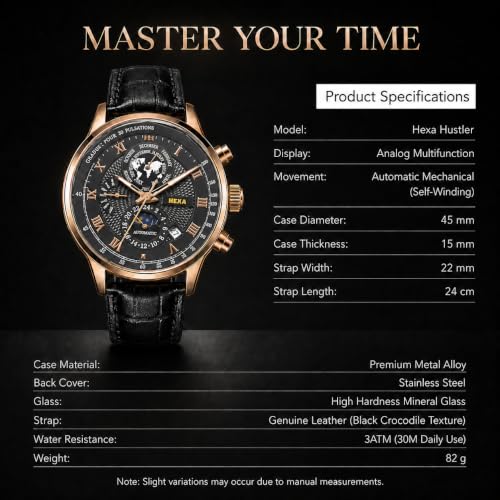 Image of Hexa Hustler Automatic Mechanical Watch for Men | Multifunction Analog Black Dial | Leather Strap | 45mm Round Case | Mineral Glass | 3ATM Water Resistant Luxury Watch