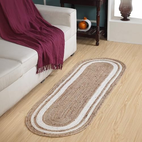 Second Nature Online KHIDAKEE   Alfombra larga trenzada ovalada de yute con borde blanco, 60 x 180 cm