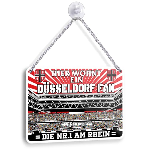 Hier wohnt ein Düsseldorf Fan Blechschild 18x12 cm Hängeschild für Fußballbegeisterte Deko Artikel Geschenkidee Fanartikel Türschild