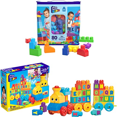 Image of MEGA BLOKS First Builders Big Building Bag + ABC Musical Train, Building Blocks Set Bundle for Toddlers, Blue Bag, Learning Toy, 130 Pieces