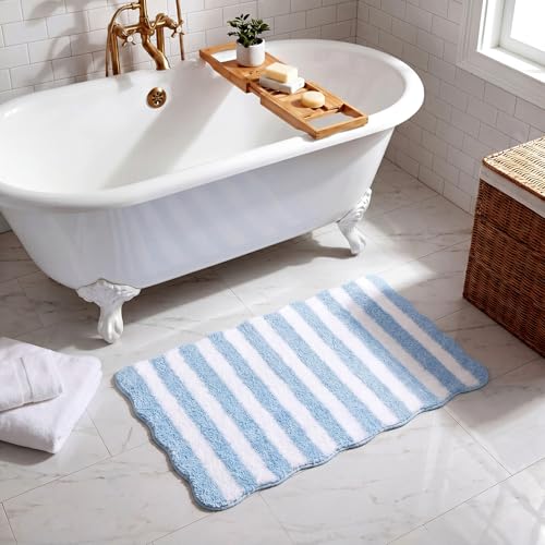 Klyyo Clyro Coastal Scalloped Bath Mat 20x32'' Blue White Striped Bath Rug