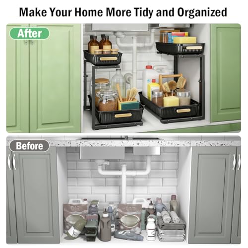ARSTPEOE Under Sink Organizer - 2 Packs Multi-Purpose Pull-Out Storage Organizers, Slide out Pull out Cabinet Organizer Shelf, Storage for Kitchen Bathroom, Black