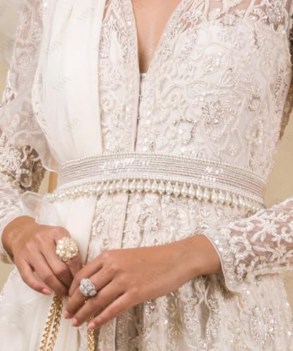 Fashions White Pearl Kamarband Maggam Work Cloth Waist Hip Belt Streachable Kamarpatta Lehenga Sontada Belt Aari Work Saree Kamarbandh Vaddanam For Wedding (Medium, White)2