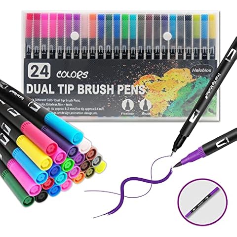 Halobios Dual Tip Brush Pens, Art Supplies Colouring Pens Set for Kids Colouring Books, 24 Colours Felt Tip Pens Art Markers for Design, Drawing, Painting, Sketching, Calligraphy, Lettering Cover