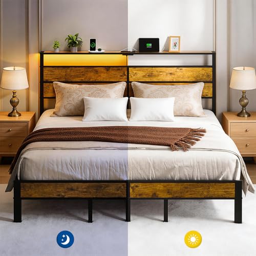 Image of Liians King Size Bed Frame with Storage Headboard, LED Lights | USB Type C Charging Station, Heavy Duty Metal Platform, No Box Spring Needed, Noise Free, Easy Assembly