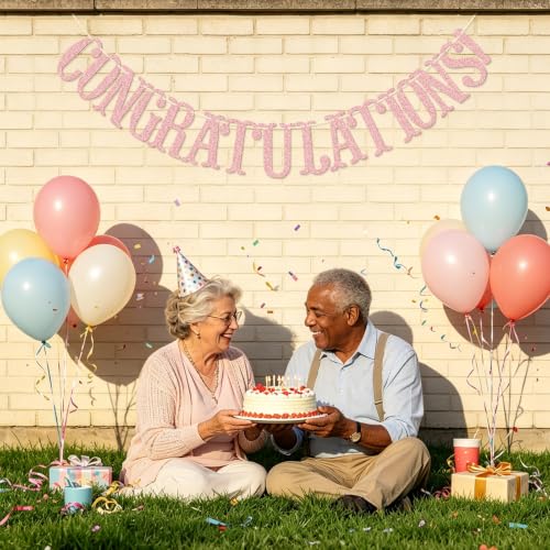 Image of Congratulations Banner, Graduation Party Decor | Rose Gold Glitter Congrats Sign for Retirement, Wedding, Job Promotion Party Decorations, Pre-strung