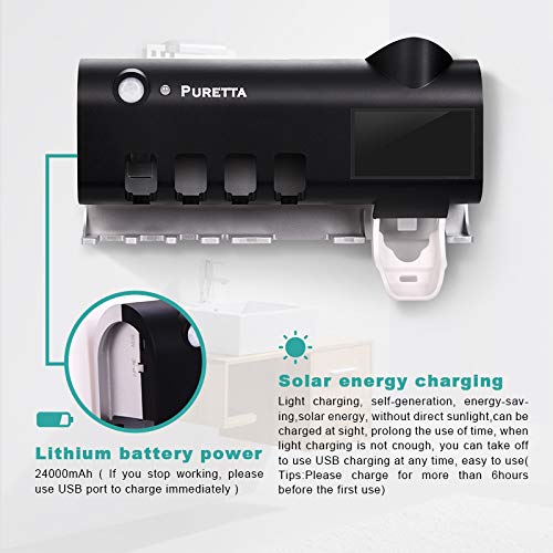 Puretta Toothbrush Sterilizer And Toothbrush Holder With Led Uv Light Sterilization Function,Rechargeable Solar Power,Wireless Design,Wall Mounted Automatic Toothpaste Dispenser（Black） #TOP1