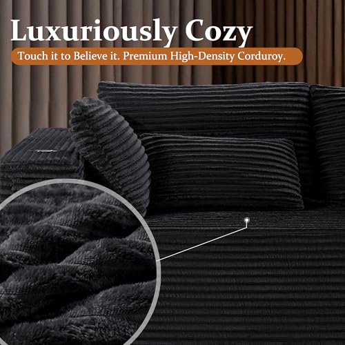 Image of 72 inch Cloud Sectional Couch, Comfort Sleep Sofa for Living Room, Extra Deep Seats No Assembly, Minimalist Modular Couch, Corduroy (Black, Extend Loveseat Chaise)