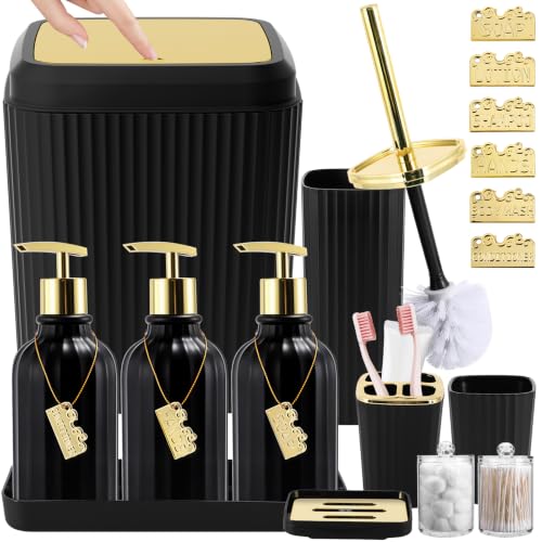 WSBArt Bathroom Set Black Bathroom Set Black and Gold Bathroom Accessories Set with Trash Can 3PCS Soap Dispenser Bathroom Sets
