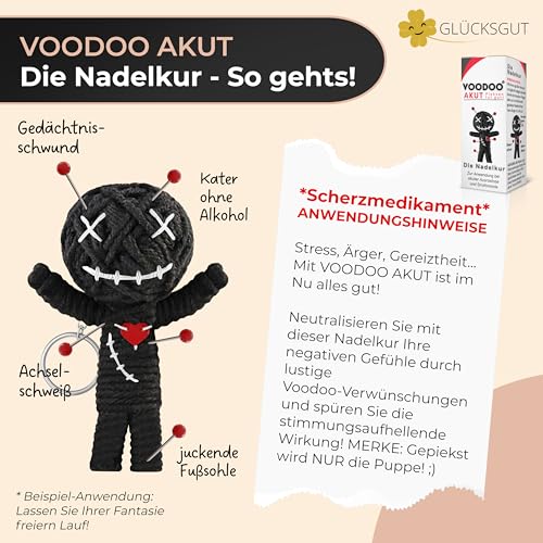 GLÜCKSGUT® Voodoo Puppe mit Nadeln | 7,5cm | Geschenkbox & Anleitung | Scherz-Medikament | Büro Geschenk für Kollegen Kollegin Chef | Anti Stress | Abschied | Büro Uni Studium