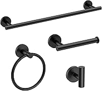 USHOWER Matte Black 4-Piece Bathroom Hardware Set: 24-Inch Towel Bar, Ring, TP Holder & Hook - Rustproof SUS304 Steel, Modern Wall Mount