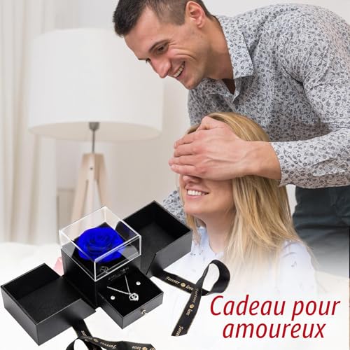 UUEMB Rose Éternelle, Bleu Roses Préservée avec Collier Coeur et Boucles d'Oreilles, Main Coffret Cadeau Bijoux Saint Valentin Fête des Mères Anniversaire Cadeaux d'anniversaire pour Femme Maman – vue 6