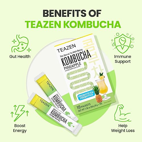 Teazen Kombucha Tea, Zero Sugar, Sparkling Fermented Powdered Mix Beverage From Korea, Live Probiotics & Prebiotics, 10 Sticks, 1.76Oz (Pineapple) #TOP4