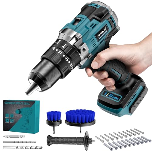 LIVOWALNY Perceuse Visseuse Sans fil 90Nm, Compatible avec Batteries Makita 18V, Perceuse Visseuse à Percussion avec 21 Niveaux, Fonctions Perçage, Vissage et Percussion(Outils Uniquement)-Bleu clair