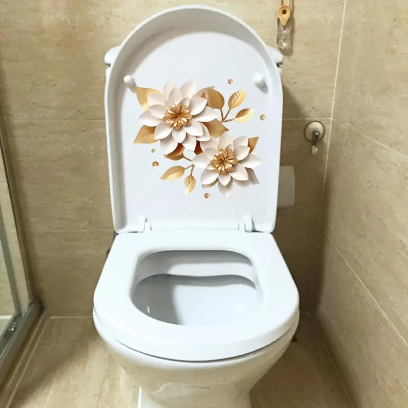 Gold Butterfly Flower Leaf Toilet Cover Sticker Decals Waterproof Toilet Lid Tank Seat Decals Cistern Self-Adhesive Bathroom Wall Sticker