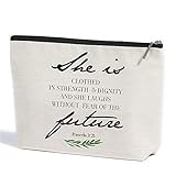 Christian Gifts Makeup Bag Bible Verse Religious Cosmetic Bag Inspirational Gifts for Women She Is Clothed in Strength Proverbs 31:25 Scripture Quotes Gift Christmas Birthday Gifts for Wife Mom Sister