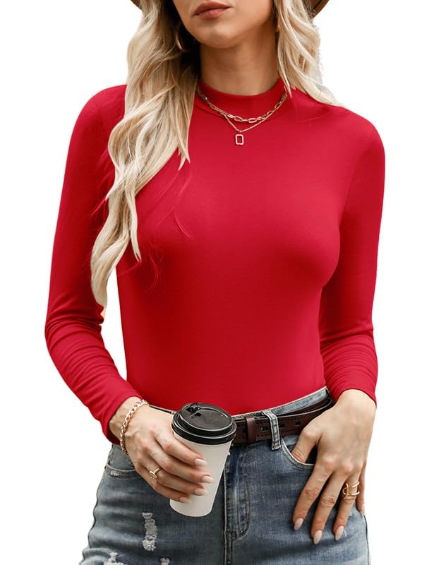Marvmys Women's Long Sleeve Mock Turtleneck Tops Casual Slim Fitted Lightweight Under Layer Pullover Shirts Red L