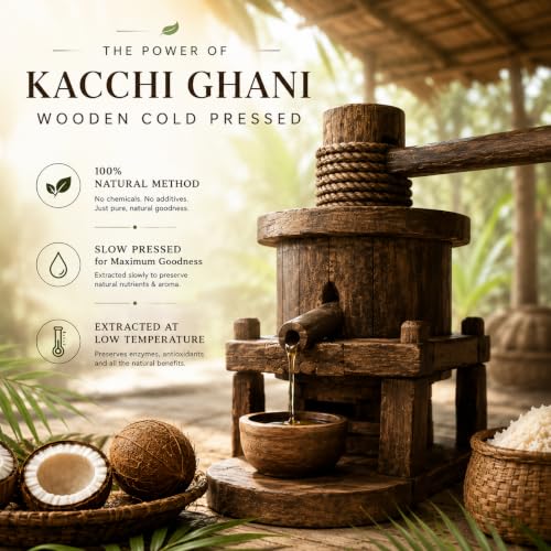 Image of The Golden Secret Kacchi Ghani Wooden Cold Pressed Coconut Oil 1 Litre (Pack of 2) | Pure Coconut Oil | Cold Pressed Oil | Edible Grade | Rich in Natural MCTs & Lauric Acid | For Hair Care, Skin Care, Body Massage, Oil Pulling & Cooking | Sulphur free