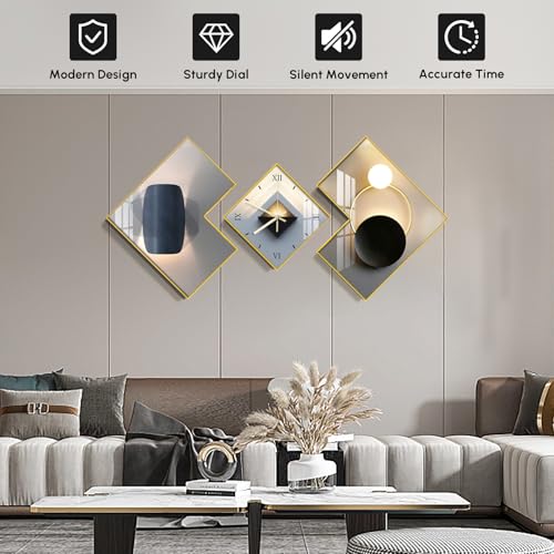 Large 3pcs Geometric Wall Clock with Silent Movement, Modern Decorative Clocks Set with Canvas Painting, Creative Wall Decor for Living Room Home Office (Black) - Image 3