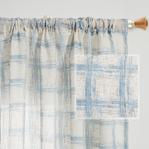 Image of MYSKY HOME 95 inch Curtains 2 Panel Set Curtains for Living Room Dining Room Semi Sheer Light Filtering Back Tab Plaid Window Treatment Farmhouse Style Drapes for Bedroom,50 inchx95 inch, Blue, 2 PCs