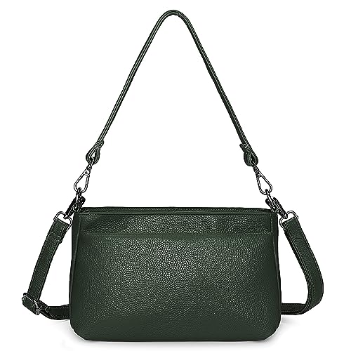 YALUXE Real Leather Shoulder Bag Medium Size Handbag Purse Multi Zip Pockets Crossbody Bags for Women Dark Green