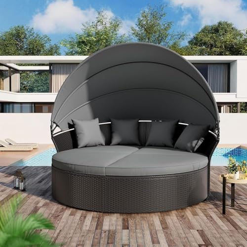 Patiomore Patio Round Daybed with Canopy Outdoor Wicker Rattan Sectional Sofa Set with Cushions Patio Conversation Set for Backyard Porch Pool (Black)
